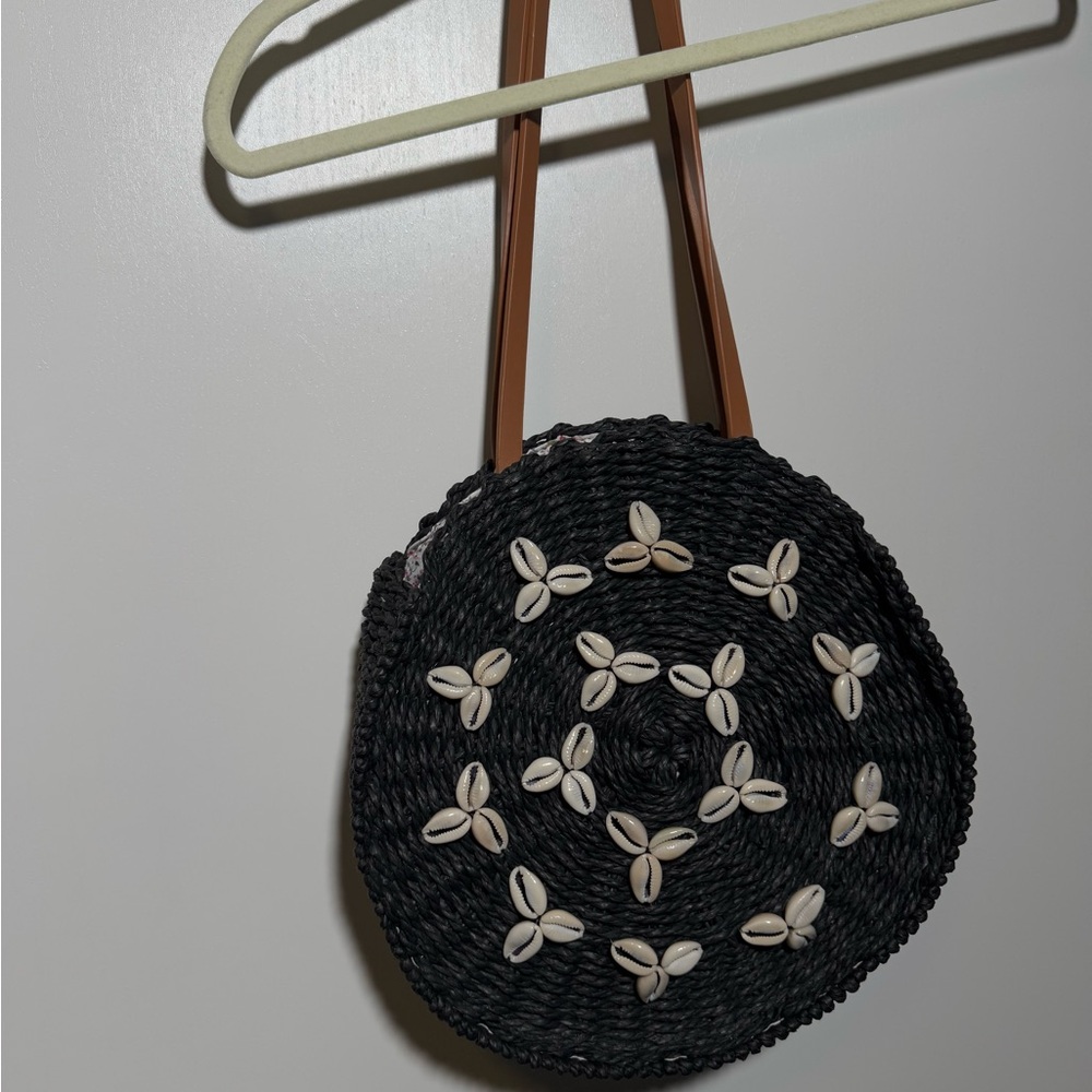 Black Woven Shell-Embellished Bag